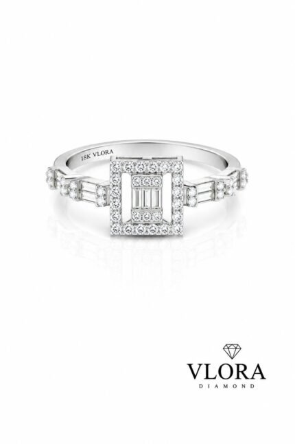 Square Halo Baguette Ring with Baguette Shoulders